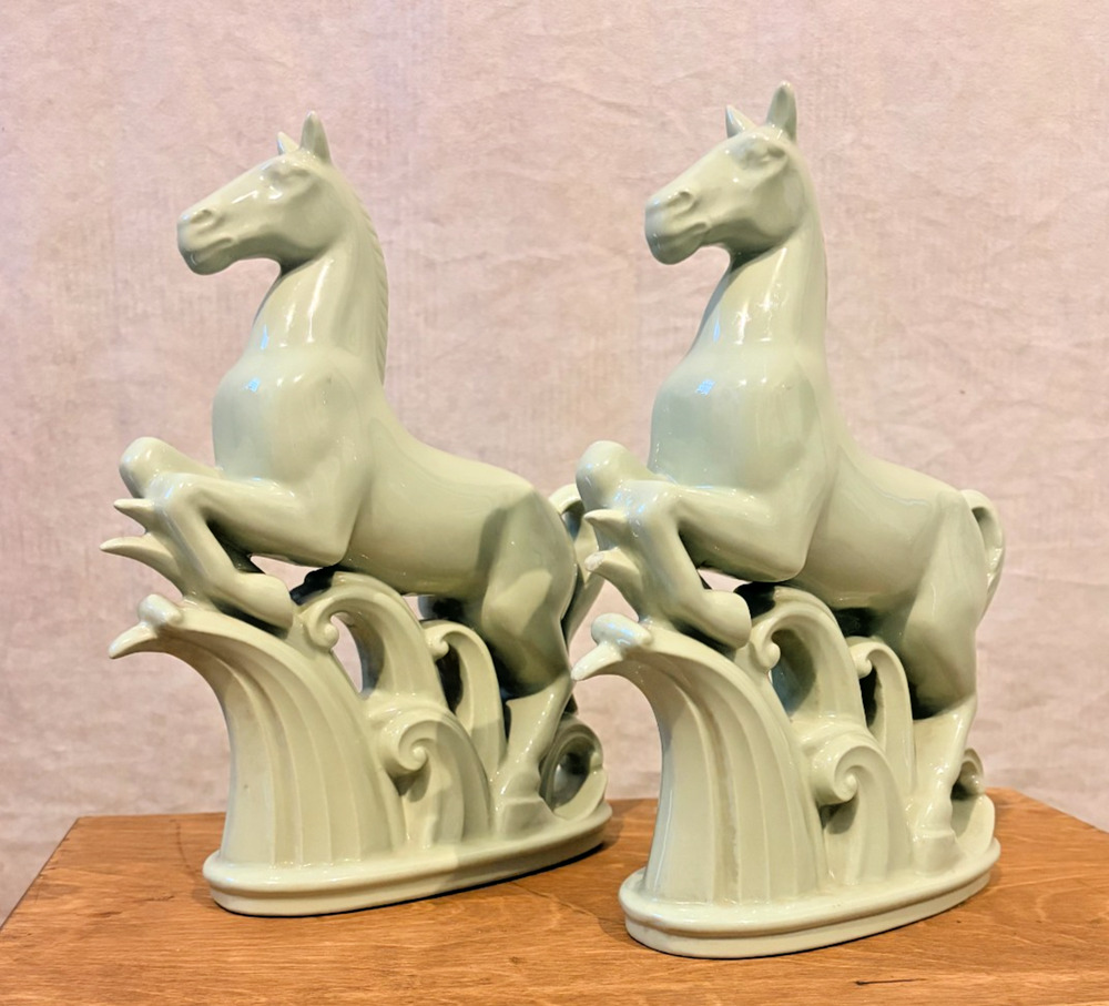 Vintage Celadon Porcelain Rearing Horse Figures Art Deco Style MCM Mantel Decor